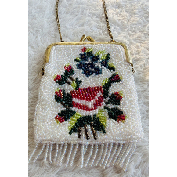 Unbranded Handbags - Vintage Floral Hand Beaded Fringe Chain Strap Tiny Seed Evening Purse Flapper
